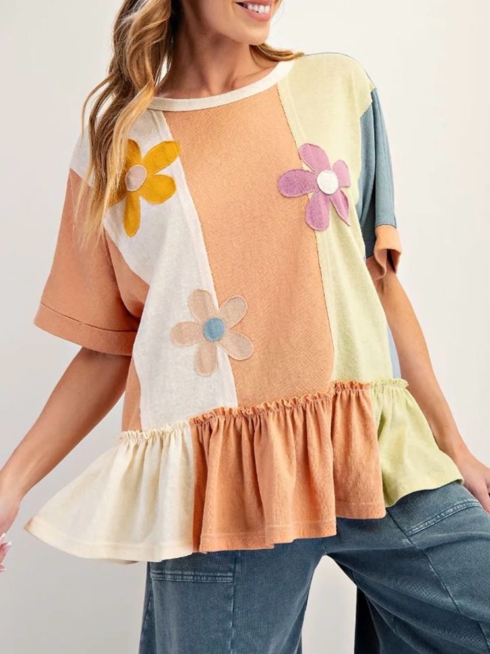 easel Pastel Patchwork Floral Ruffle Tee in Peach, Yellow & Blue